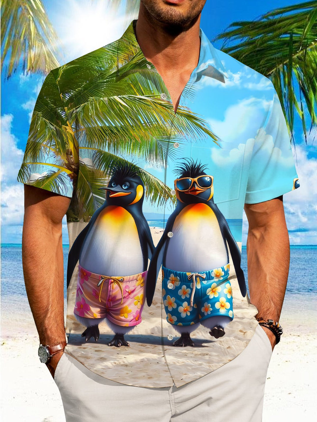 Alohadaddy Beach Coconut Tree Penguin Button Pocket Casual Short Sleeve Shirt