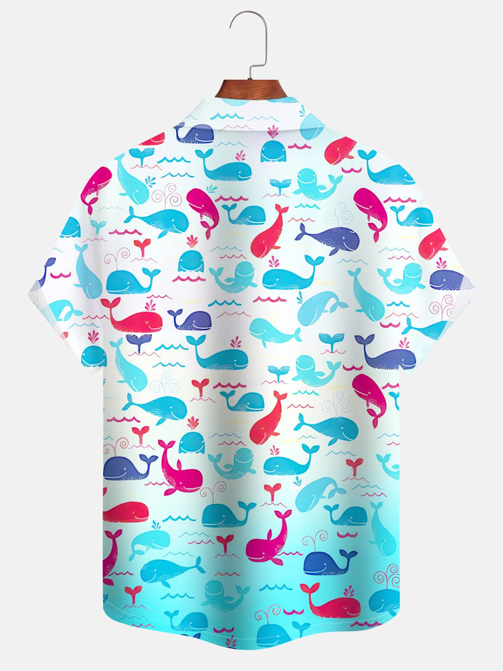 Alohadaddy Gradient Ocean Whale Button Pocket Casual Short Sleeve Shirt