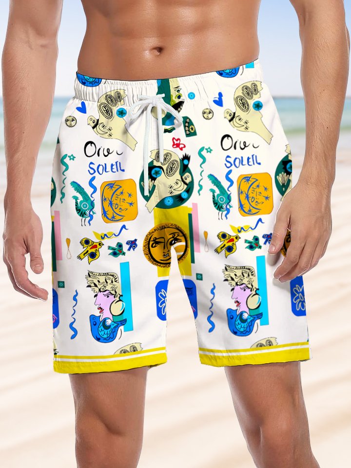 Alohadaddy Coconut Tree Art Drawstring Pocket Casual Beach Shorts
