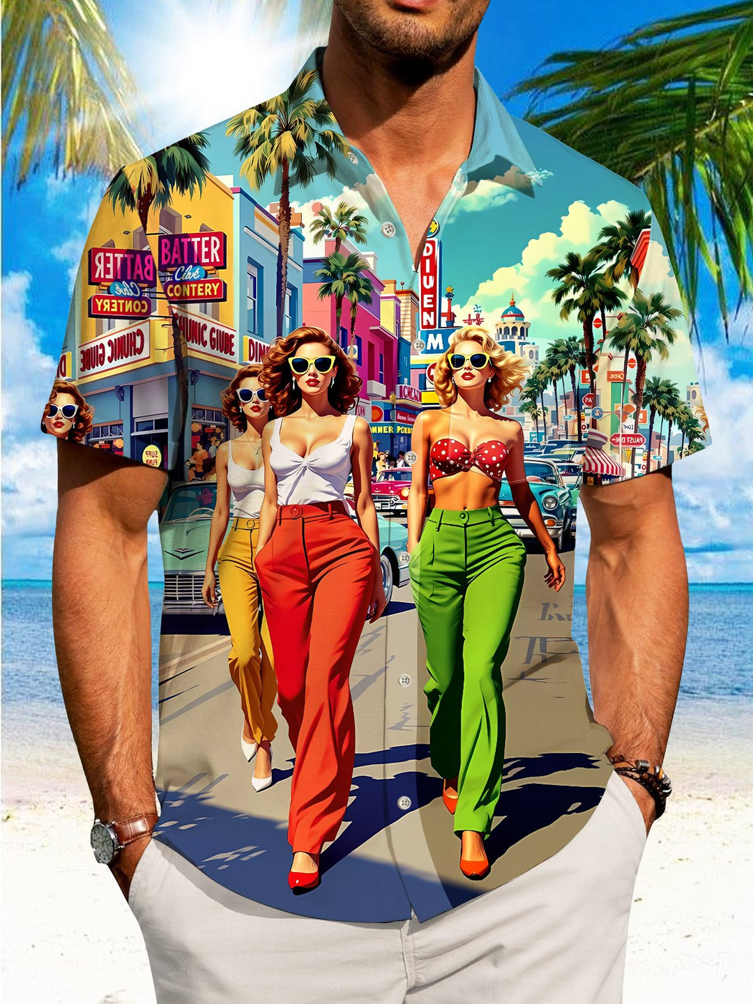 Alohadaddy Coconut Tree Vacation Character Button Pocket Casual Short Sleeve Shirt