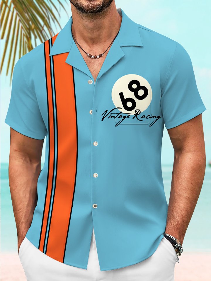 Alohadaddy Number Casual Geometric Stripes Button Pocket Casual Short Sleeve Shirt