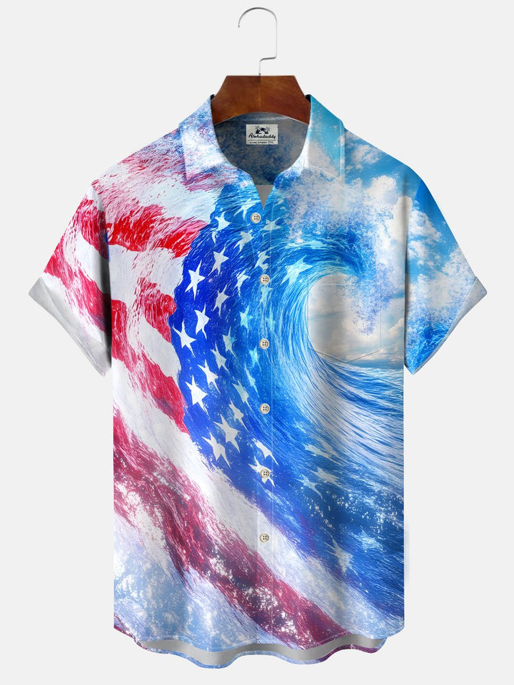 Alohadaddy Wave Flag Button Pocket Casual Short Sleeve Shirt