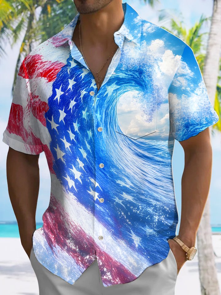 Alohadaddy Wave Flag Button Pocket Casual Short Sleeve Shirt