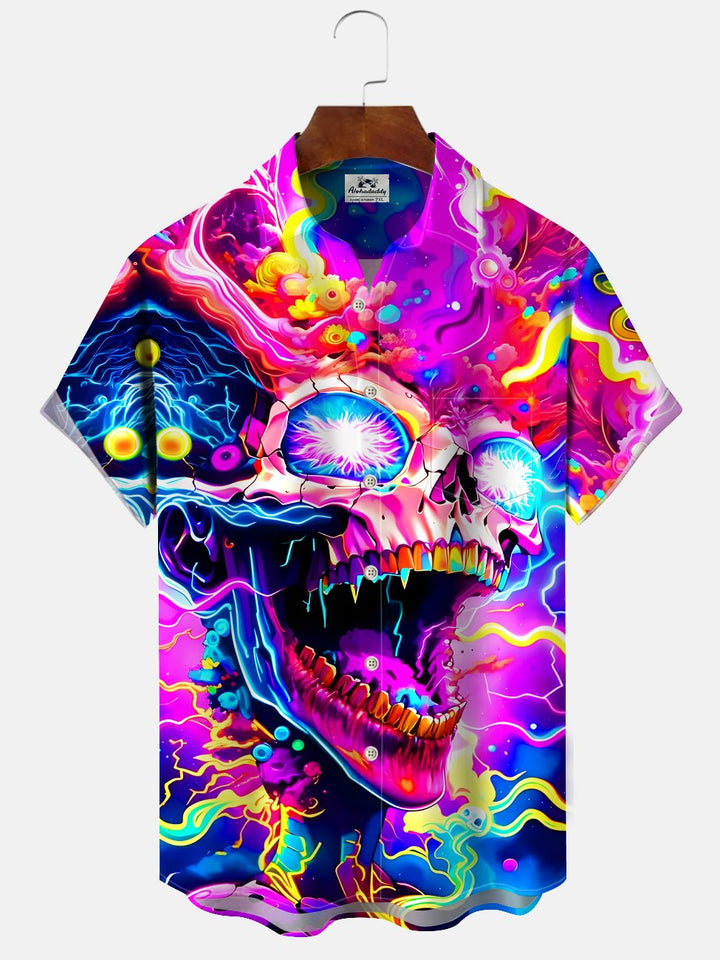 Alohadaddy Skull Fluorescent Button Pocket Casual Short Sleeve Shirt