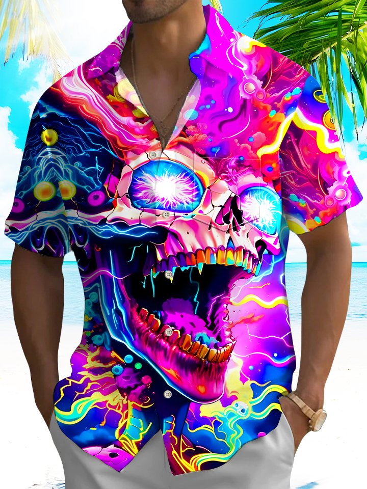 Alohadaddy Skull Fluorescent Button Pocket Casual Short Sleeve Shirt