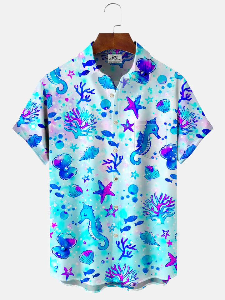 Alohadaddy Beach Ocean Shell Button Pocket Casual Short Sleeve Shirt