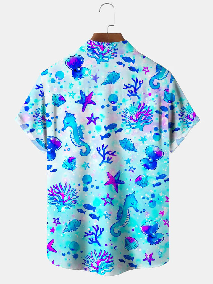 Alohadaddy Beach Ocean Shell Button Pocket Casual Short Sleeve Shirt