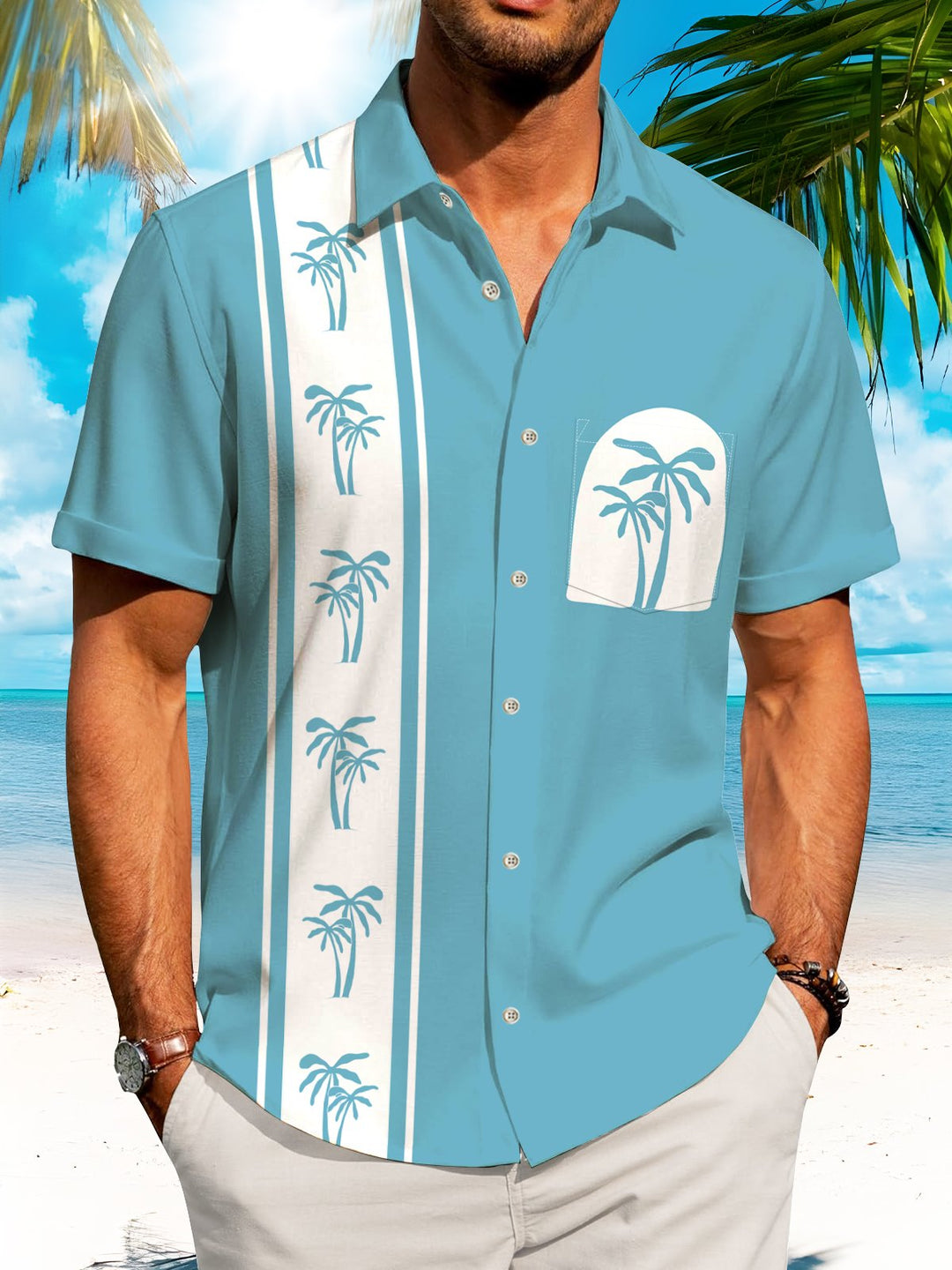 Alohadaddy Coconut Tree Button Pocket Casual Short Sleeve Shirt