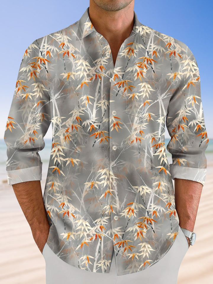Camisa informal de manga larga con bolsillos y botones y diseño de hojas de plantas de Alohadaddy