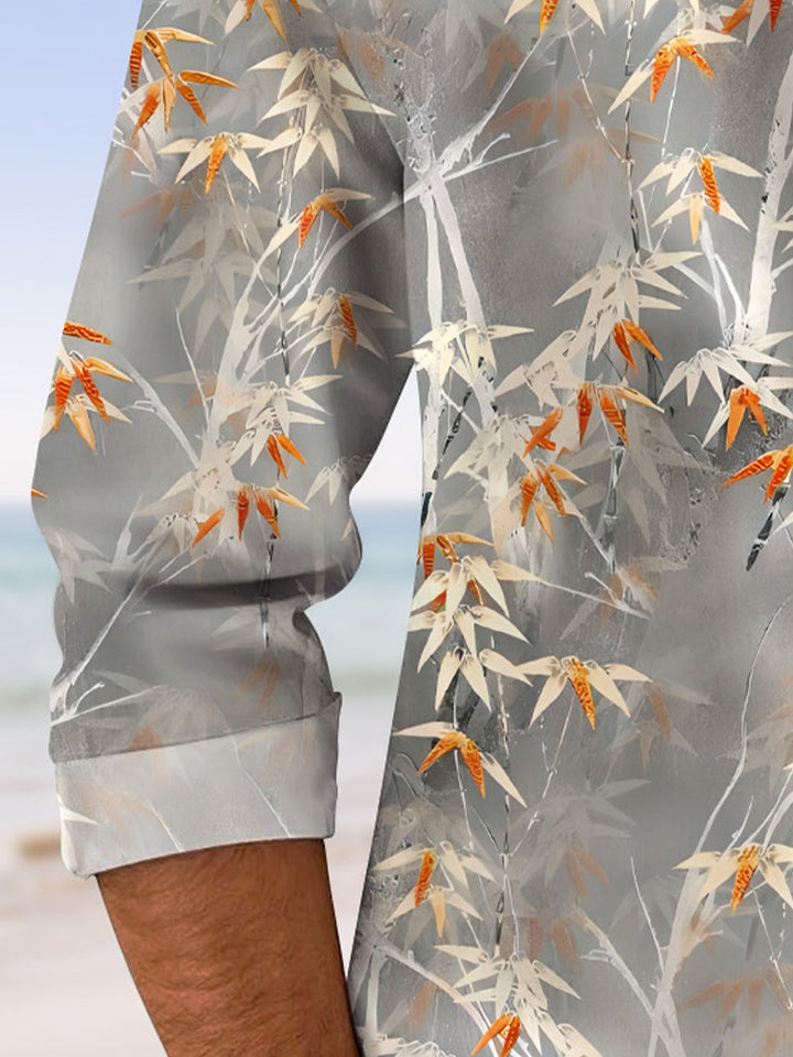 Camisa informal de manga larga con bolsillos y botones y diseño de hojas de plantas de Alohadaddy