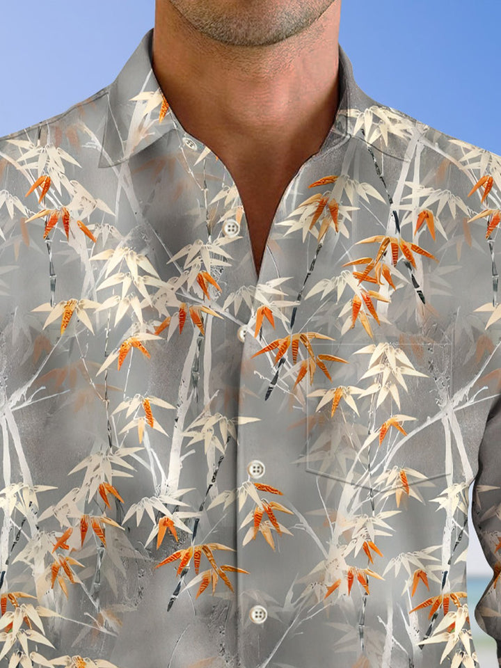 Camisa informal de manga larga con bolsillos y botones y diseño de hojas de plantas de Alohadaddy