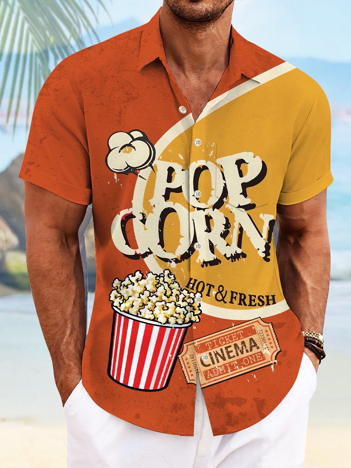 Camisa informal de manga corta con bolsillo y botones de película antigua con diseño retro de palomitas de maíz de Alohadaddy