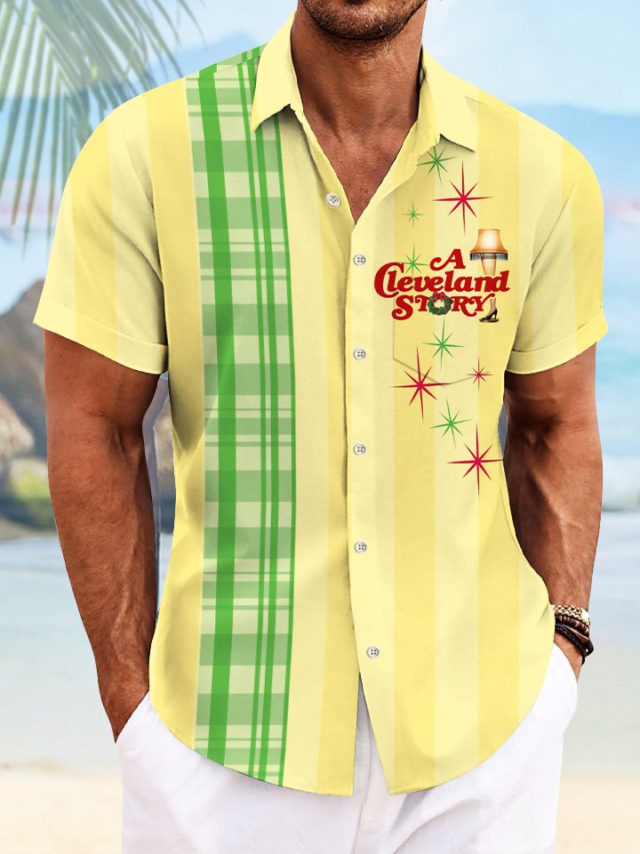 Camisa de manga corta para ir al trabajo, informal, con bolsillo y botones navideños, texto a cuadros y película antigua de Alohadaddy, años 50