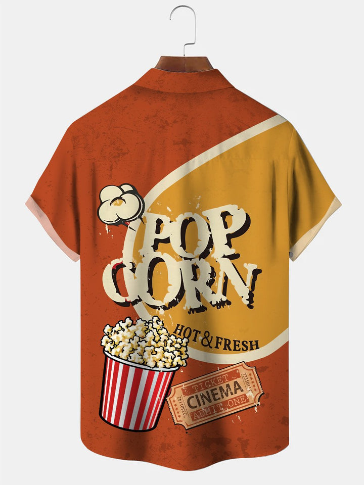 Camisa informal de manga corta con bolsillo y botones de película antigua con diseño retro de palomitas de maíz de Alohadaddy