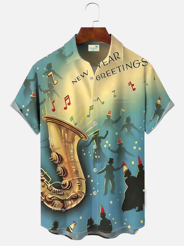 Alohadaddy Retro Jazz Dance Music Christmas Button Pocket Casual Short Sleeve Shirt