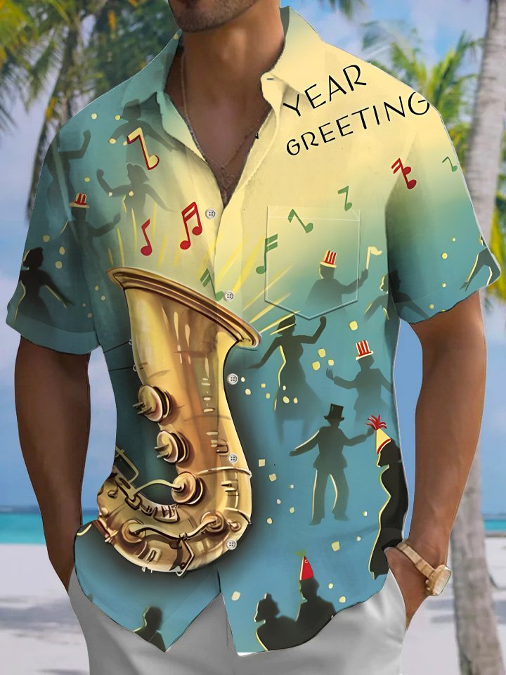 Alohadaddy Retro Jazz Dance Music Christmas Button Pocket Casual Short Sleeve Shirt
