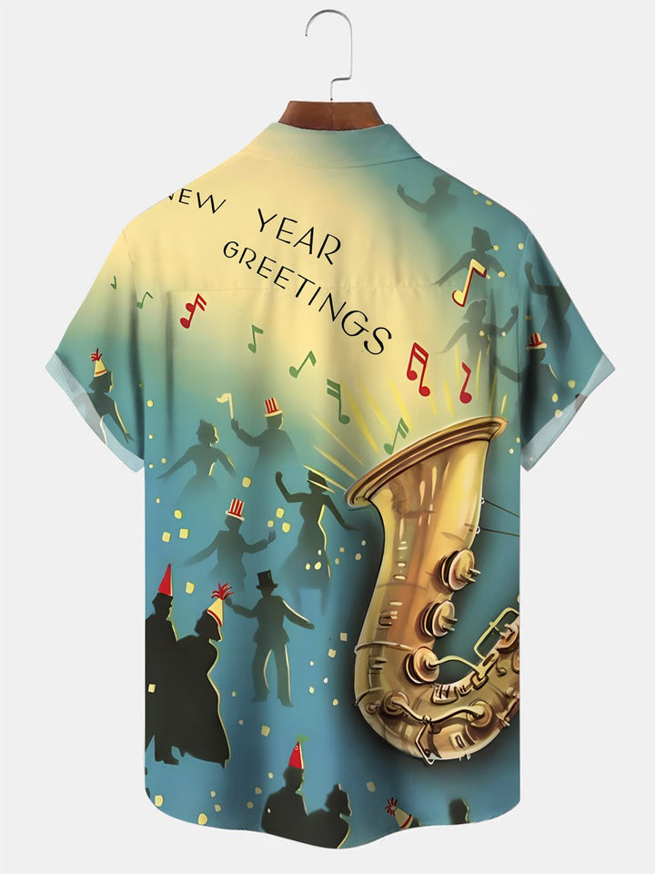Alohadaddy Retro Jazz Dance Music Christmas Button Pocket Casual Short Sleeve Shirt