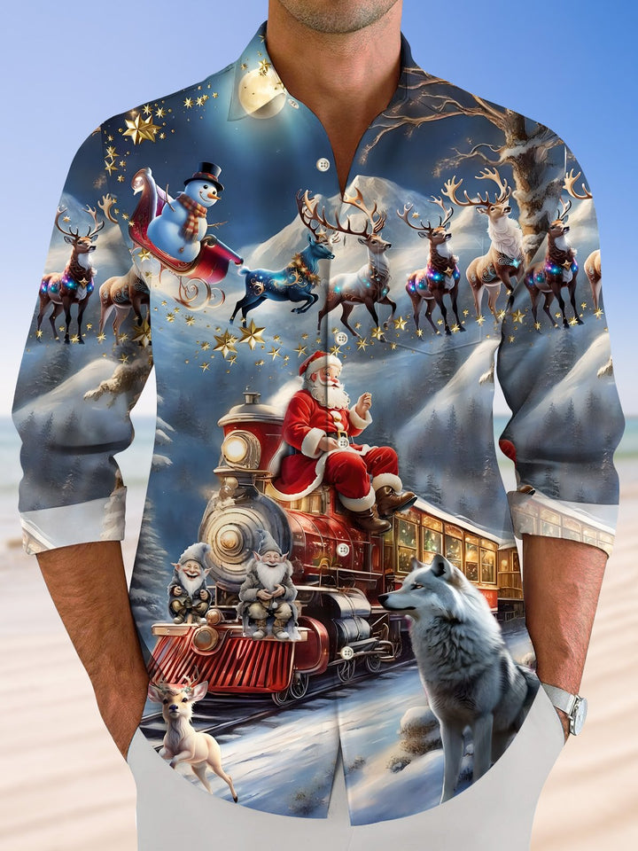 Camisa informal de manga larga con bolsillo abotonado y diseño de Papá Noel y elfo navideño de Alohadaddy