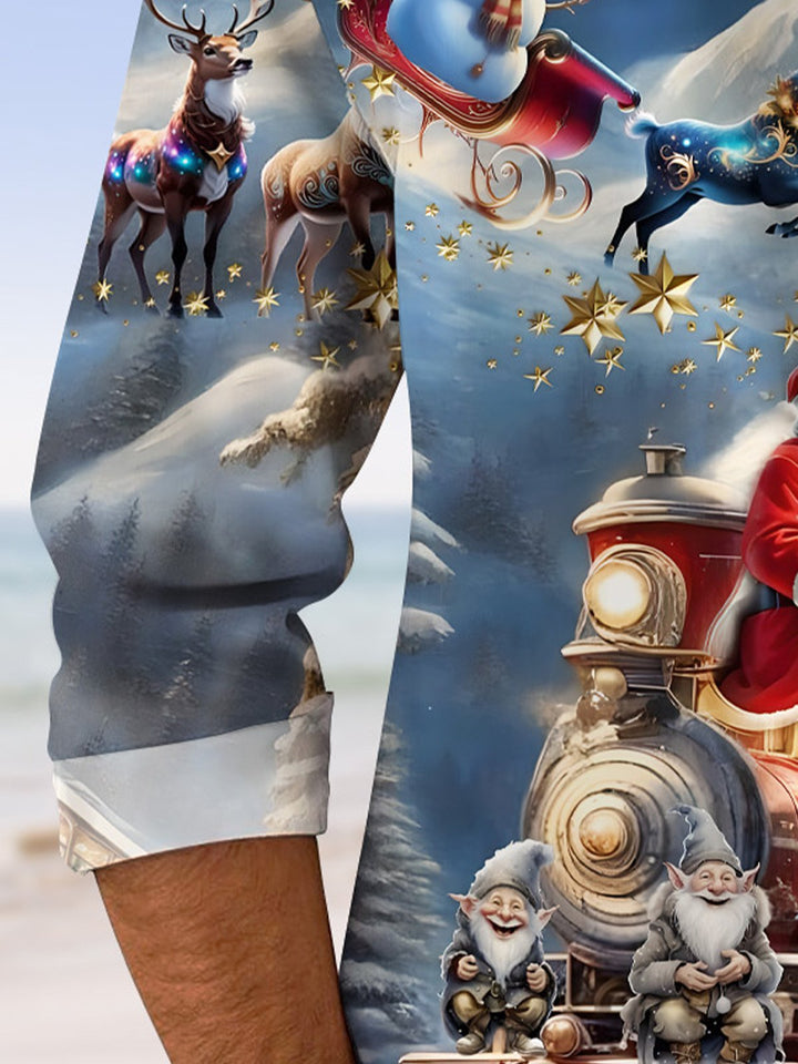 Camisa informal de manga larga con bolsillo abotonado y diseño de Papá Noel y elfo navideño de Alohadaddy