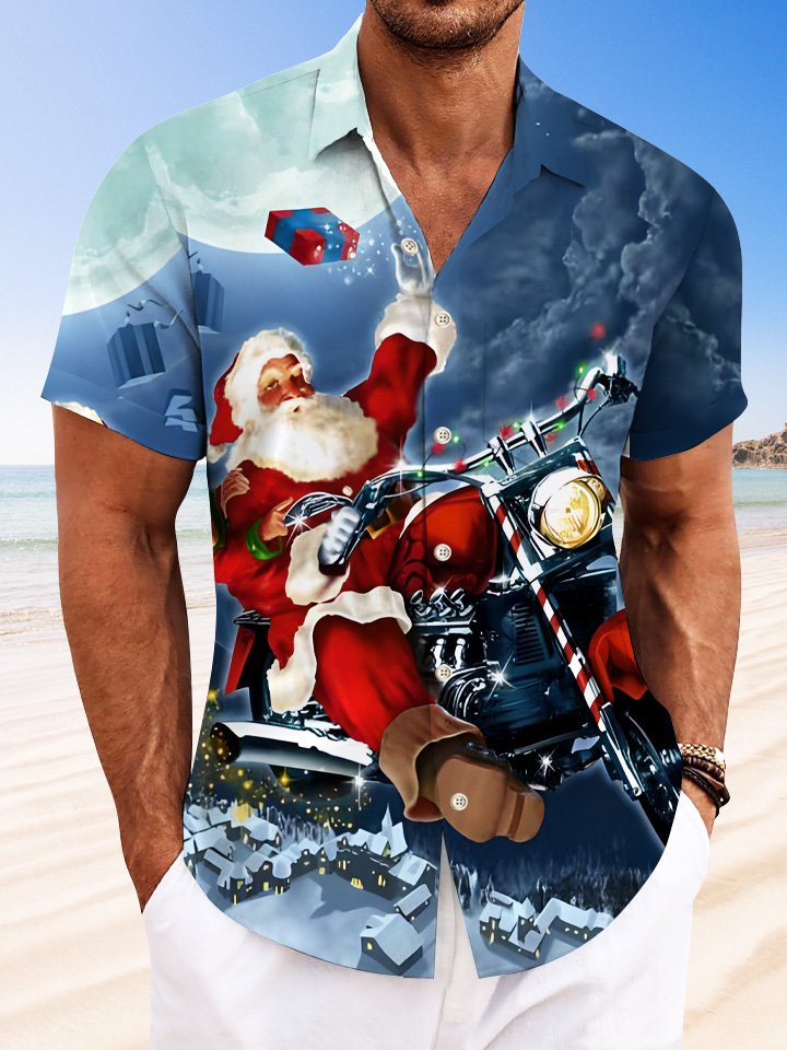 Alohadaddy Christmas Motorcycle Button Pocket Casual Short Sleeve Shirt