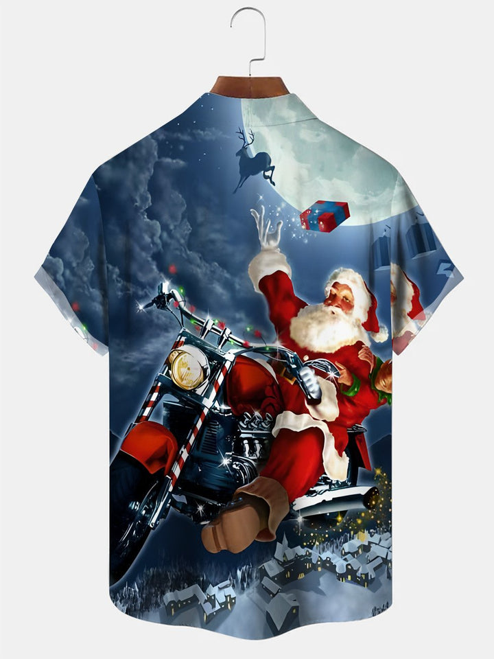 Alohadaddy Christmas Motorcycle Button Pocket Casual Short Sleeve Shirt
