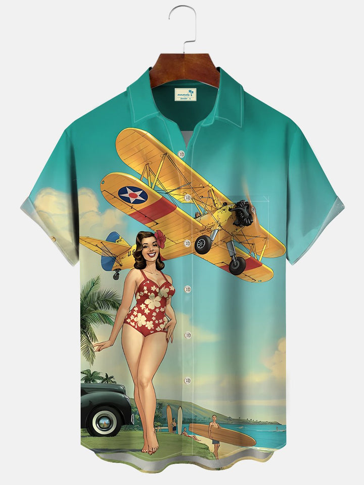 Chemise à manches courtes décontractée à boutons avec poche et motif cocotier vintage Alohadaddy