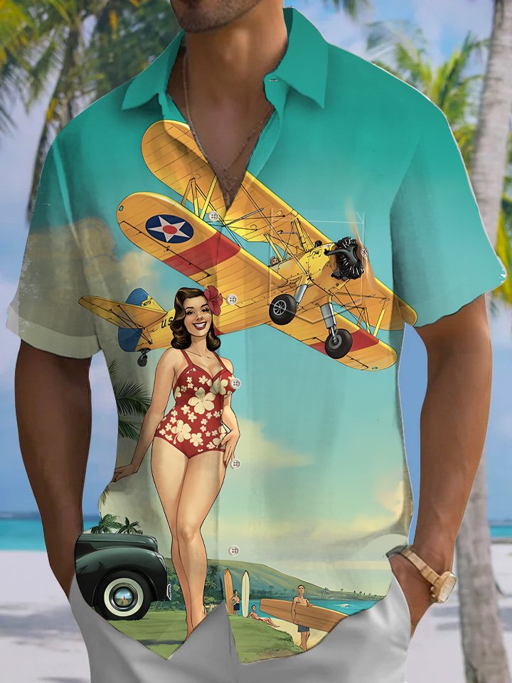 Chemise à manches courtes décontractée à boutons avec poche et motif cocotier vintage Alohadaddy