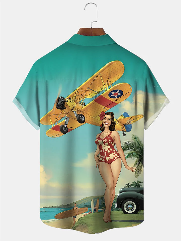 Chemise à manches courtes décontractée à boutons avec poche et motif cocotier vintage Alohadaddy