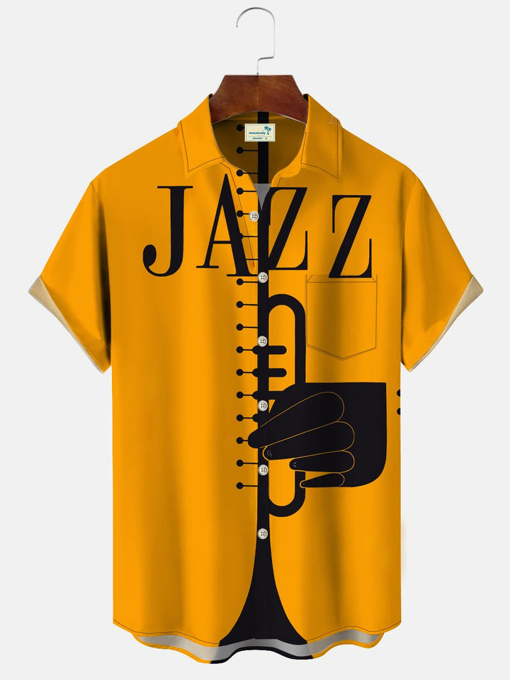 Chemise à manches courtes décontractée avec poche boutonnée et motif musique jazz vintage Alohadaddy