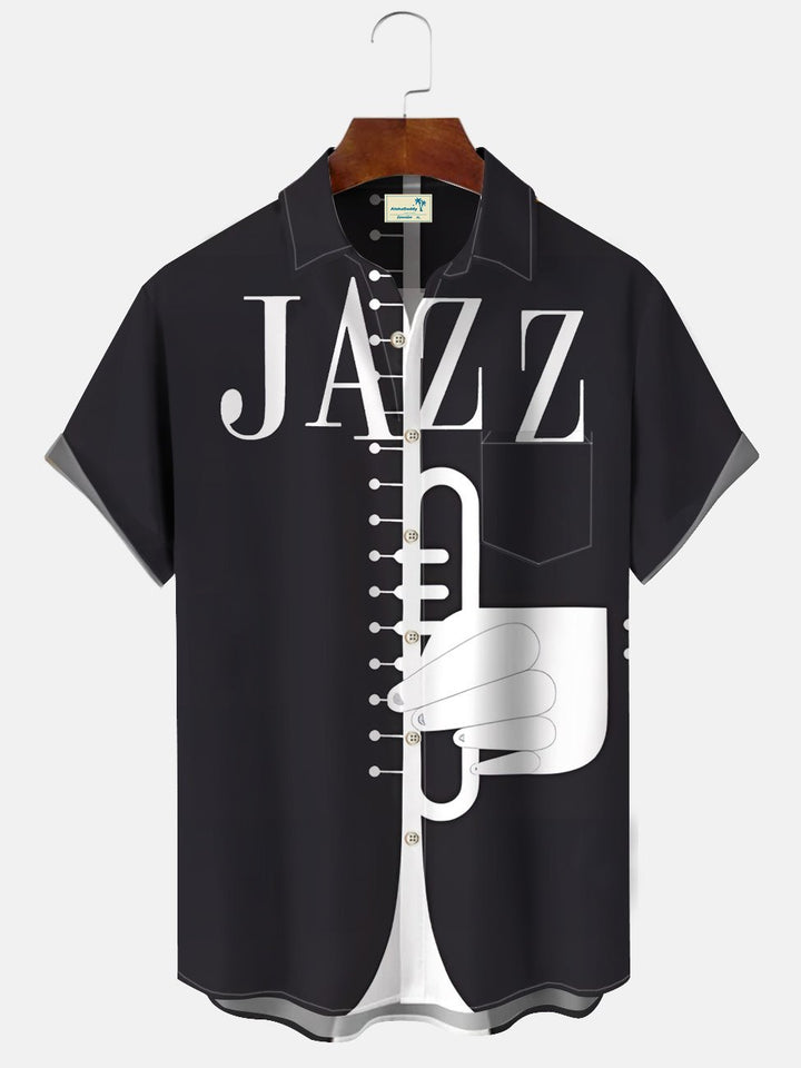 Chemise à manches courtes décontractée avec poche boutonnée et motif musique jazz vintage Alohadaddy