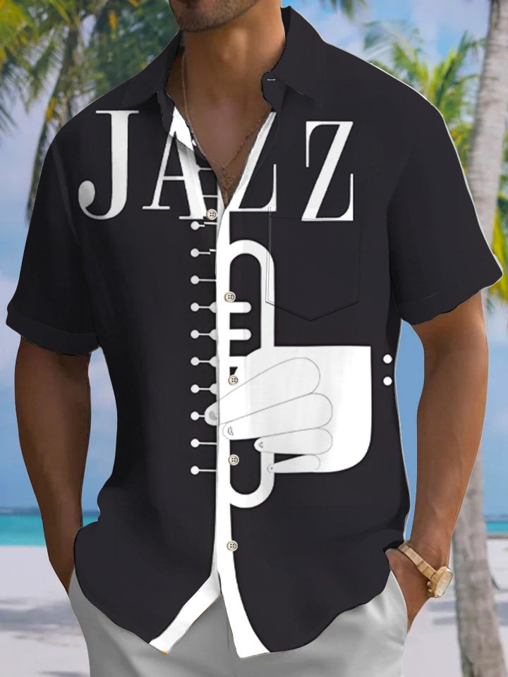 Chemise à manches courtes décontractée avec poche boutonnée et motif musique jazz vintage Alohadaddy