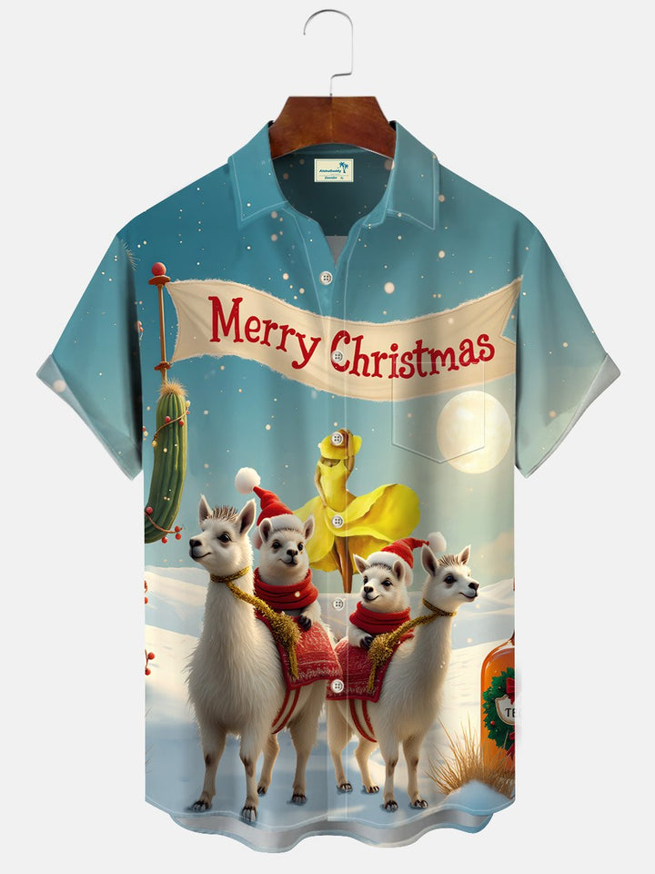 Alohadaddy Christmas Animals Funny Button Pocket Casual Short Sleeve Shirt