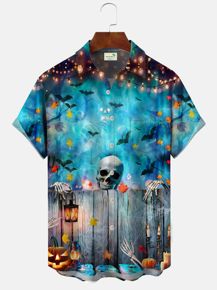 Alohadaddy Vintage Halloween Skull Button Pocket Casual Short Sleeve Shirt