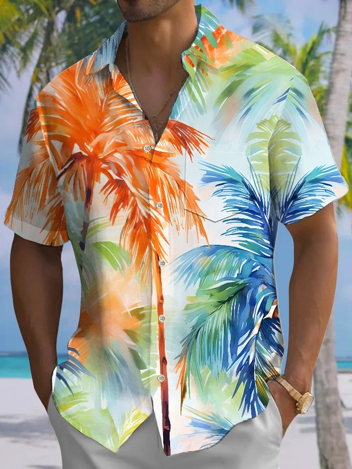 Chemise décontractée à manches courtes avec poche boutonnée et motif cocotier sur la plage d&