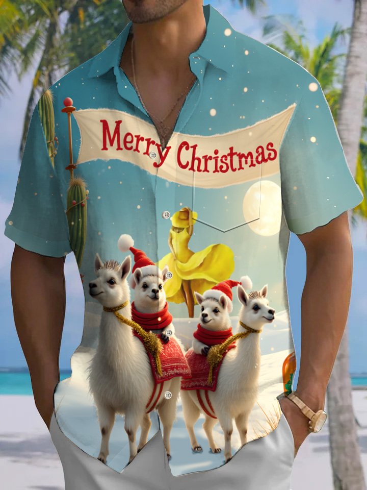 Alohadaddy Christmas Animals Funny Button Pocket Casual Short Sleeve Shirt