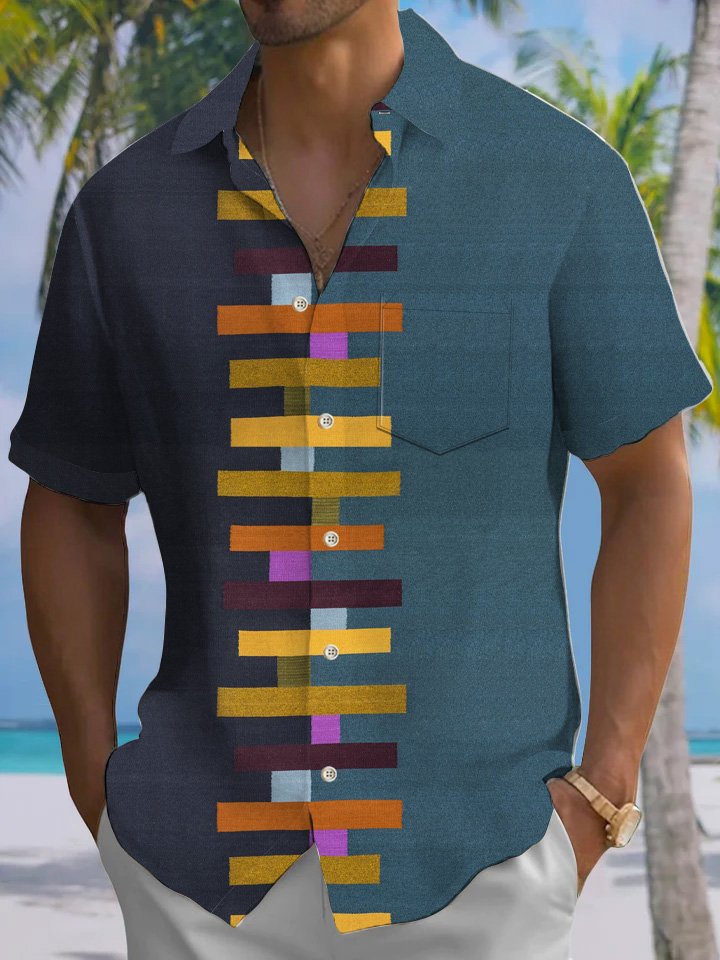 Alohadaddy Geometric Pattern Button Pocket Casual Short Sleeve Shirt