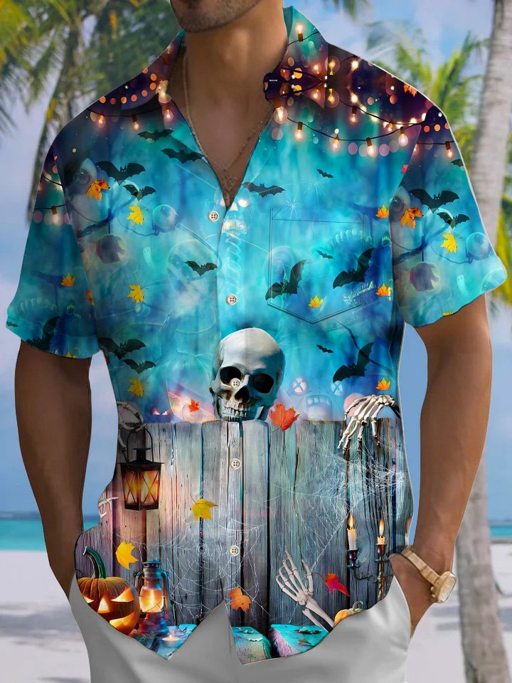 Alohadaddy Vintage Halloween Skull Button Pocket Casual Short Sleeve Shirt