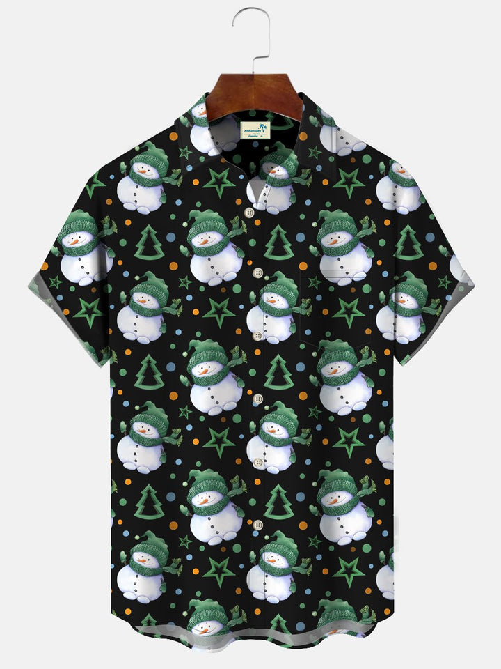 Alohadaddy Christmas Snowman Contrast Button Pocket Casual Short Sleeve Shirt