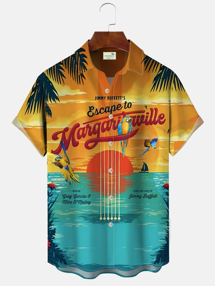 Alohadaddy Beach Coconut Tree Parrot Button Pocket Casual Short Sleeve Shirt