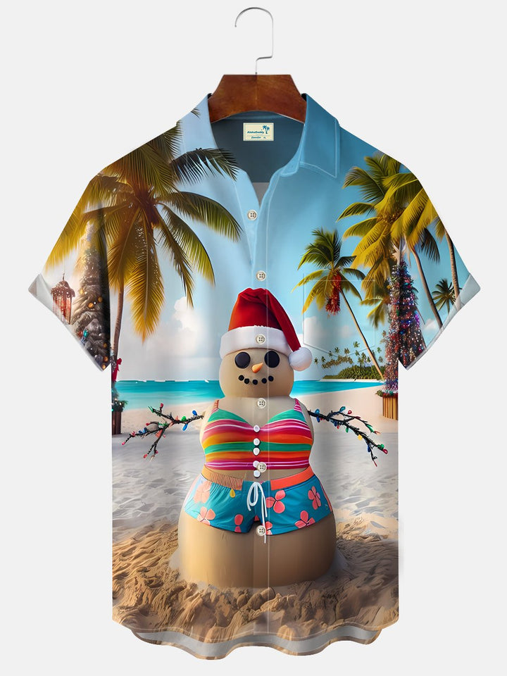 Alohadaddy Coconut Tree Christmas Snowman Button Pocket Casual Short Sleeve Shirt