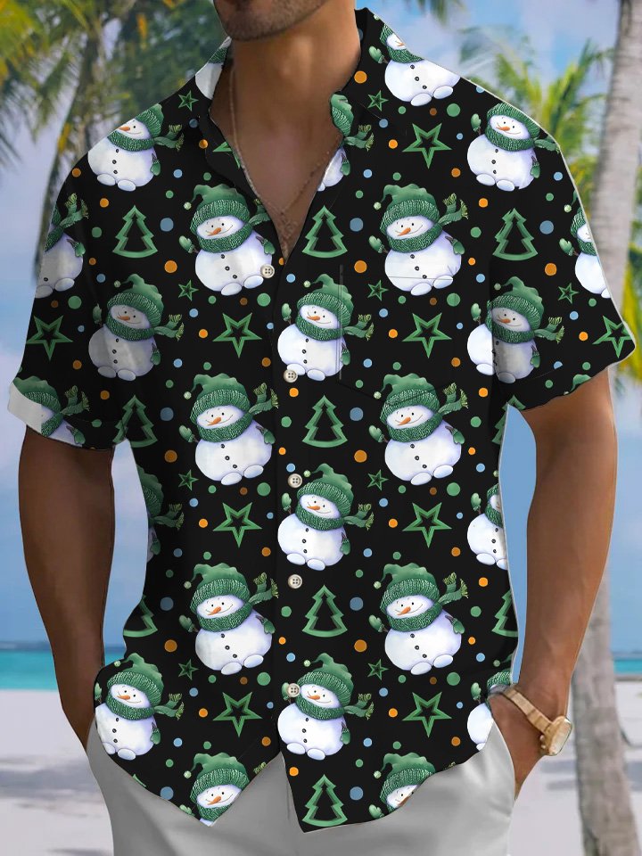 Alohadaddy Christmas Snowman Contrast Button Pocket Casual Short Sleeve Shirt