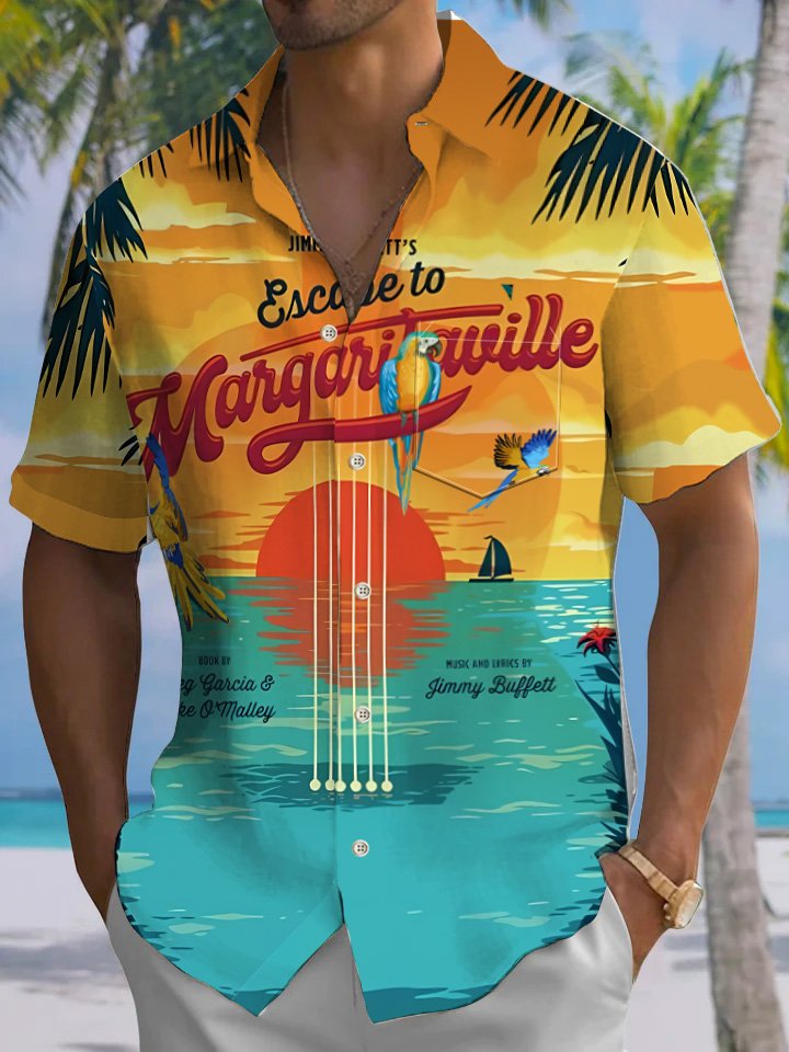 Alohadaddy Beach Coconut Tree Parrot Button Pocket Casual Short Sleeve Shirt