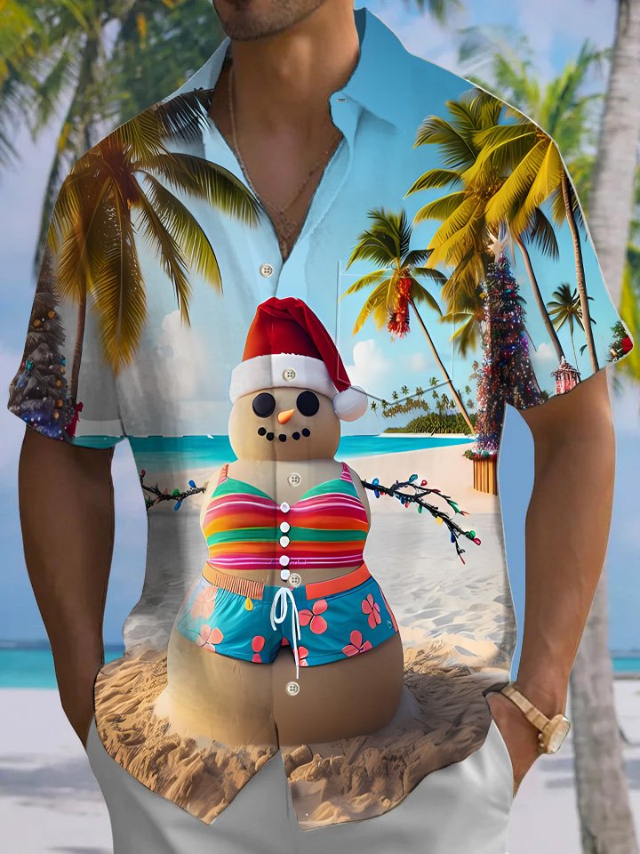 Alohadaddy Coconut Tree Christmas Snowman Button Pocket Casual Short Sleeve Shirt