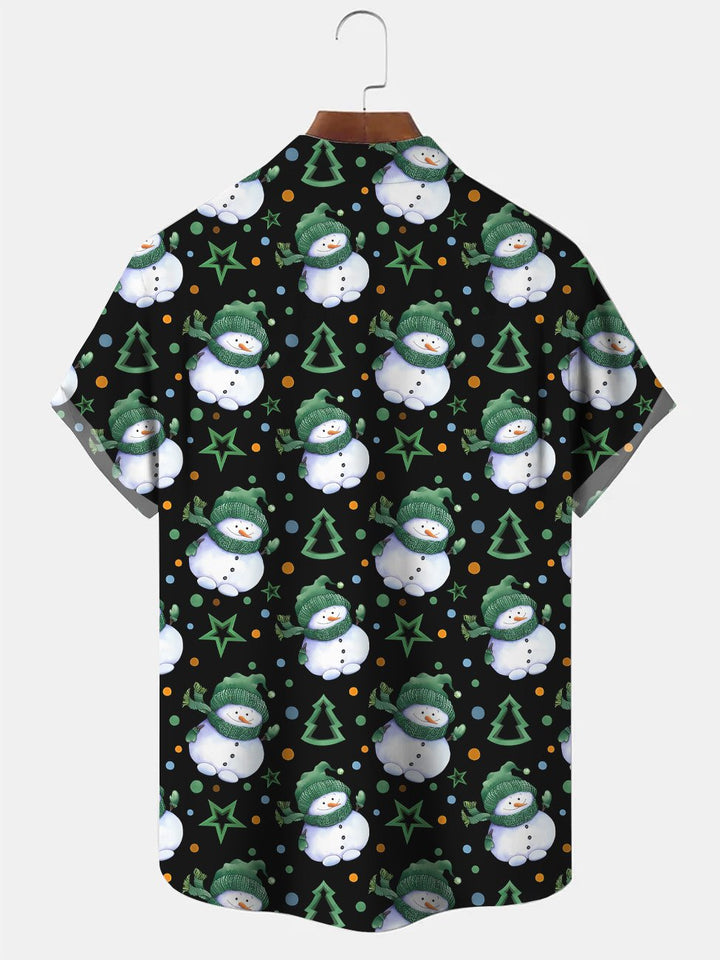 Alohadaddy Christmas Snowman Contrast Button Pocket Casual Short Sleeve Shirt