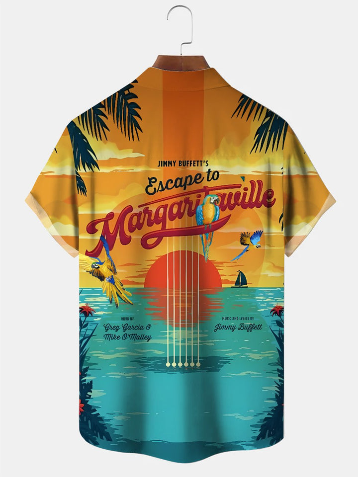 Alohadaddy Beach Coconut Tree Parrot Button Pocket Casual Short Sleeve Shirt