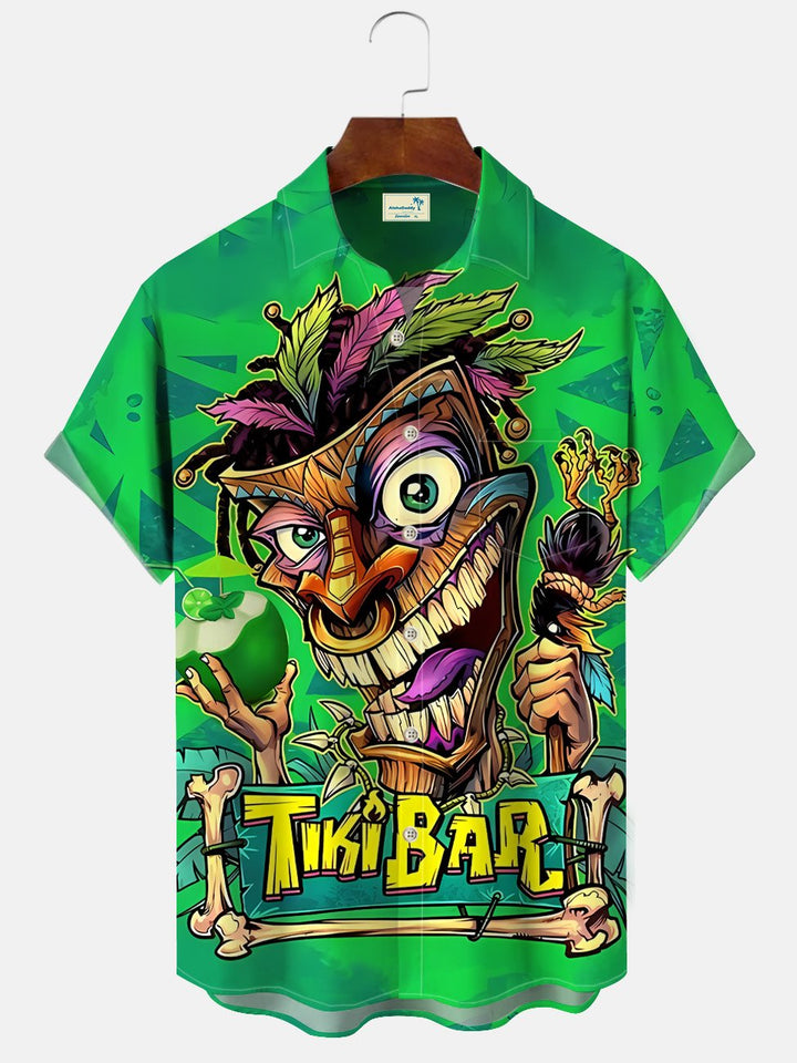 Camisa informal de manga corta con botones y diseño de árbol de coco y tótem Tiki de Alohadaddy