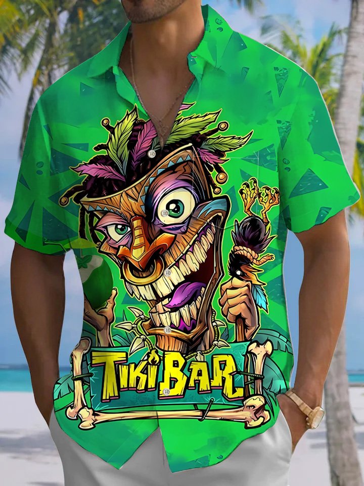 Camisa informal de manga corta con botones y diseño de árbol de coco y tótem Tiki de Alohadaddy