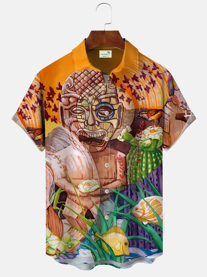 Alohadaddy Tiki Totem Stone Statue Coconut Tree Button Pocket Casual Short Sleeve Shirt