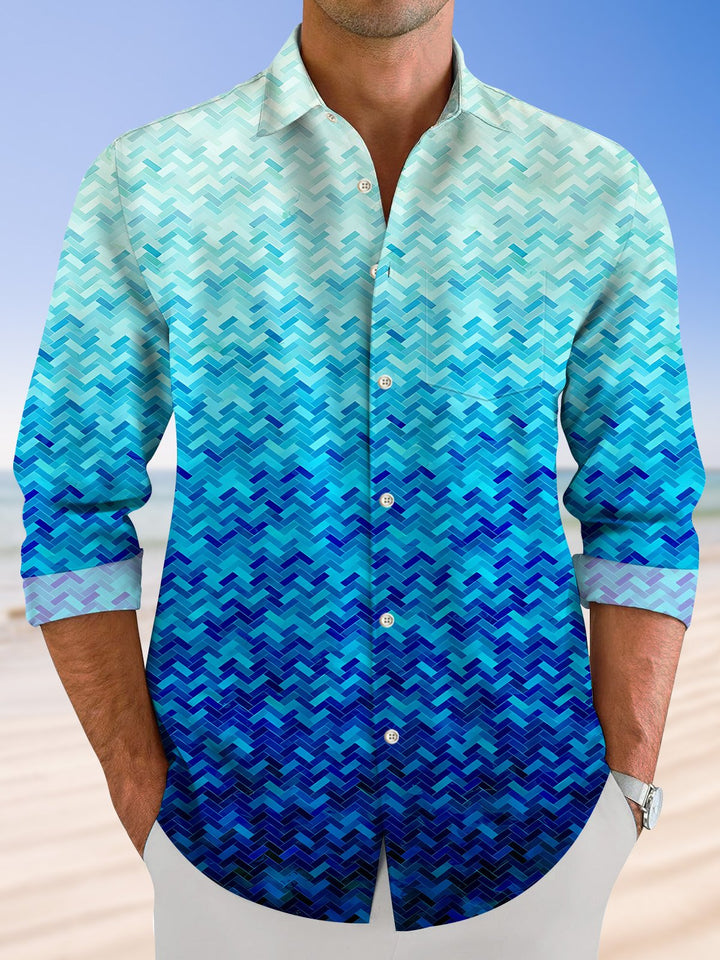 Alohadaddy Geometric Pattern Gradient Button Pocket Casual Long Sleeve Shirt