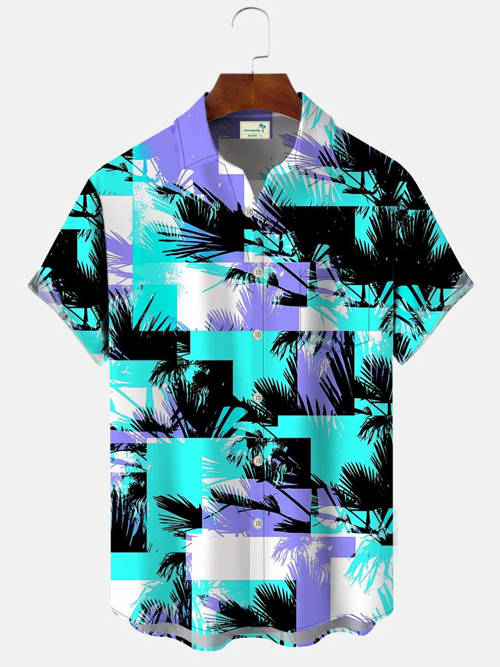Alohadaddy Geometric Coconut Tree Contrast Color 3D Digital Printing Button Pocket Casual Short Sleeve Shirt